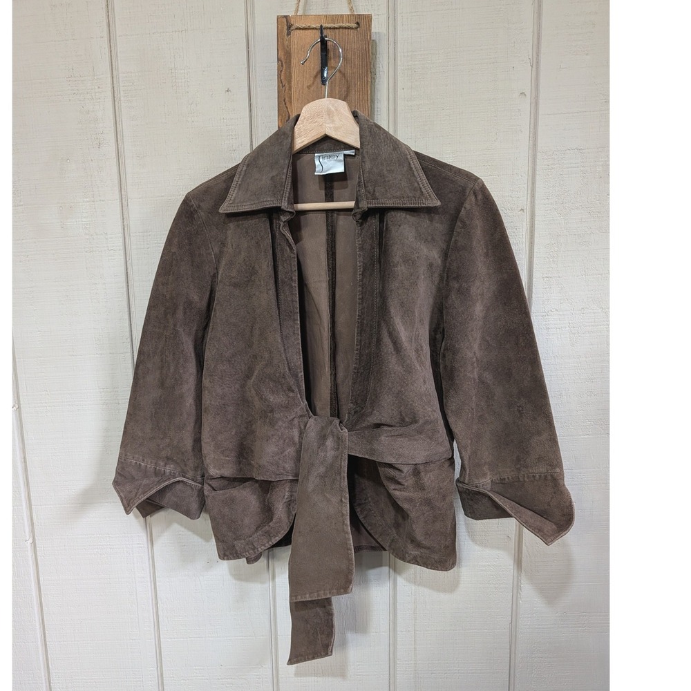 Finley Brown Suede Leather Tie Front Jacket Women Large 3/4 Sleeve Boho Wrap